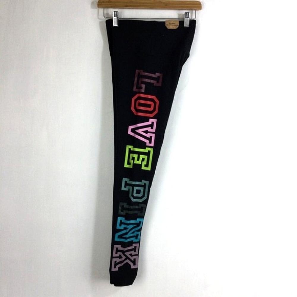 Victoria Secret PINK Leggings Cotton High Waist Full Black Rainbow Sz Small NWT